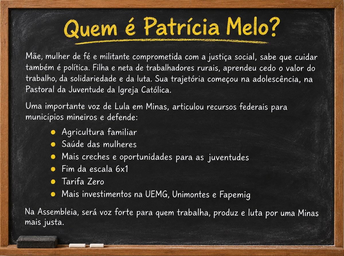 Quem e Patricia Melo? Mae, mulher de fe e militante comprometida com a justica social, sabe que cuidar tambem e politica. Filha e neta de trabalhadores rurais, aprendeu cedo o valor do trabalho, da solidariedade e da luta. Sua trajetoria comecou na adolescencia, na Pastoral da Juventude da Igreja Catolica. Uma importante voz de Lula em Minas, articulou recursos federais para municipios mineiros e defende: agricultura familiar; saude das mulheres; mais creches e oportunidades para as juventudes; fim da escala 6x1; Tarifa Zero; mais investimentos na UEMG, Unimontes e Fapemig. Na Assembleia, sera voz forte para quem trabalha, produz e luta por uma Minas mais justa.